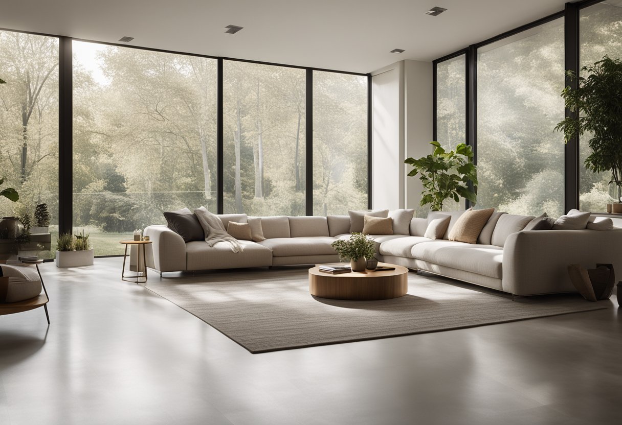 A modern, minimalist living room with clean lines, neutral colors, and natural materials. A large window allows plenty of natural light to flood the space, creating a sense of openness and tranquility