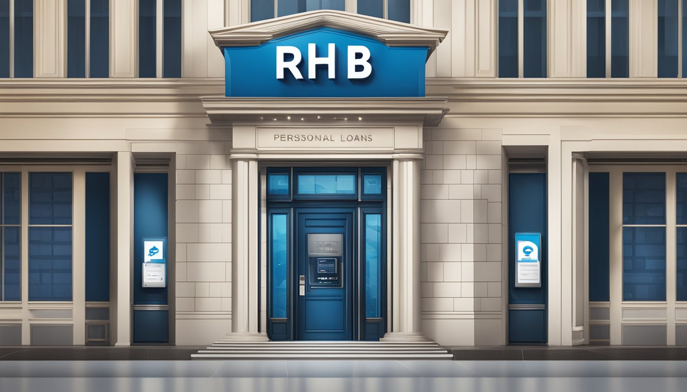 A bank logo on a sign with text "Eligibility Criteria for RHB Personal Loans" displayed prominently