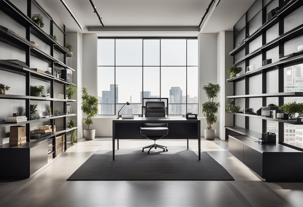 A sleek, modern office space with large windows, displaying various interior design projects and awards on clean, minimalist shelves and walls