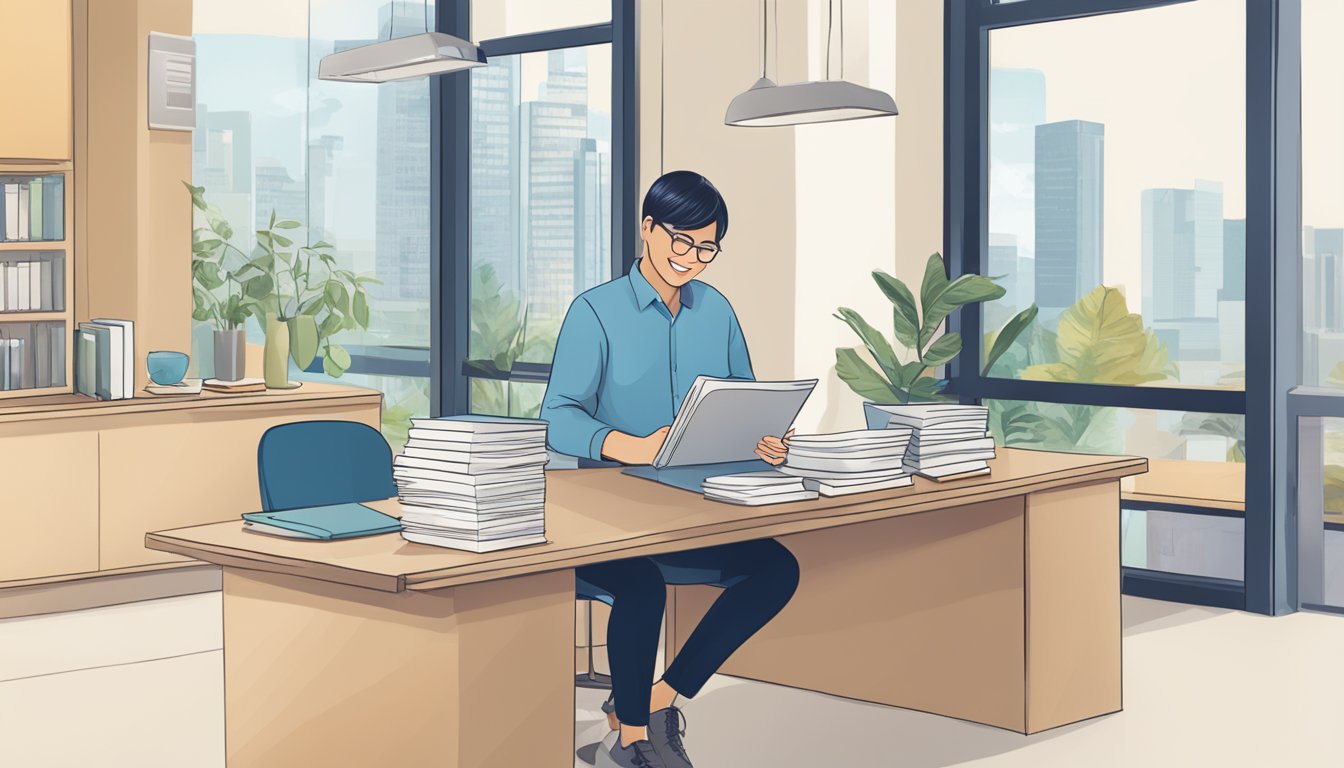 A person sitting at a desk, smiling while reading a document titled "Loan Features and Benefits" from RHB Bank Singapore