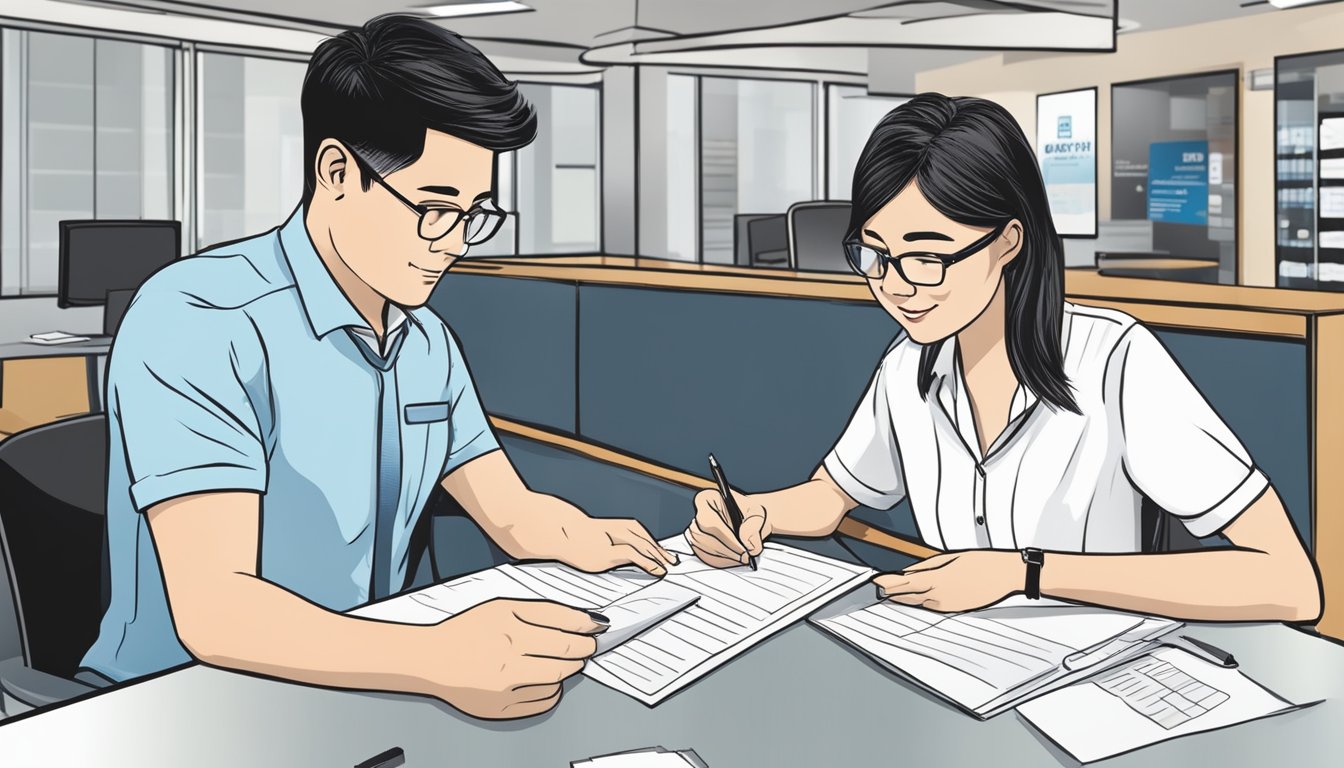 A customer service representative assists a client with a personal loan application at an RHB Bank branch in Singapore. The client fills out paperwork while the representative explains the loan terms