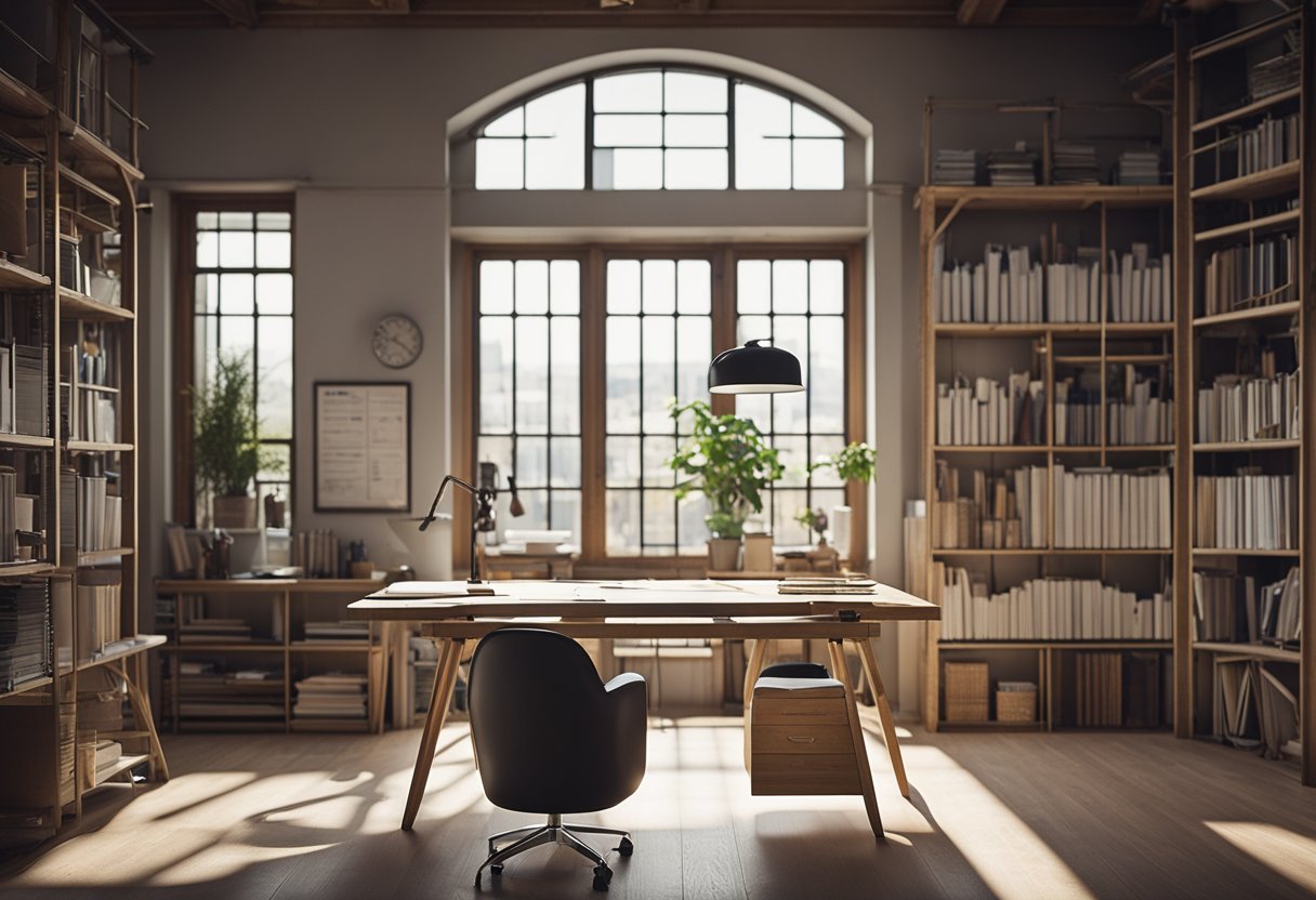 A drafting table with architectural plans, ruler, and pencils. Shelves filled with design books and samples. Large windows with natural light