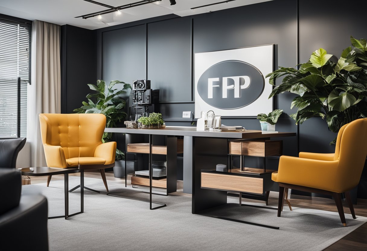 A stylish office space with modern furniture and vibrant decor, showcasing the logo "Frequently Asked Questions jason lai interior design" on the wall