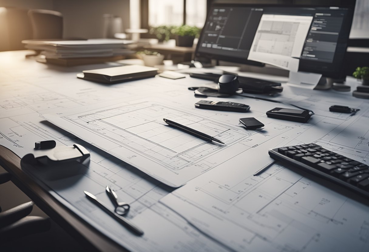 A drafting table with tools, ruler, and drafting paper. A floor plan and elevation drawings in progress. A computer with design software