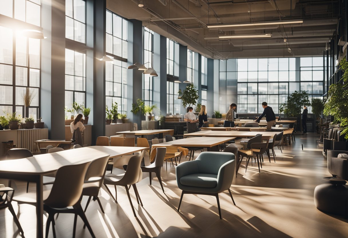 Sunlight streams through large windows, illuminating sleek furniture and modern decor. Design sketches cover the walls, while students gather in collaborative workspaces
