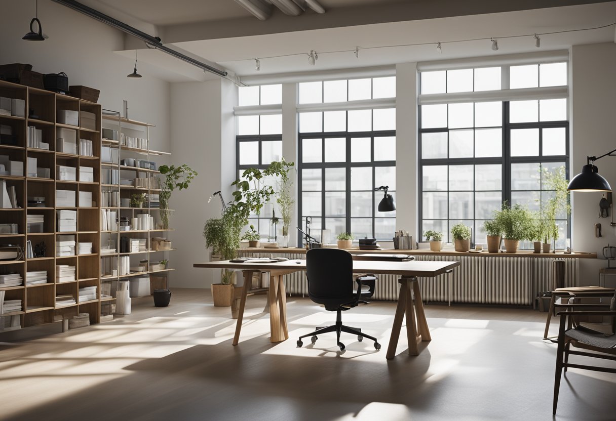 A spacious room with clean lines and minimalistic furniture. A drafting table sits in the center, surrounded by design elements and tools. Large windows let in natural light, creating a bright and airy atmosphere