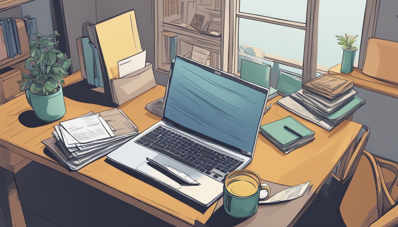 A stack of bills and a closed laptop sit on a table, while a person's empty chair faces the window, symbolizing the struggle of unemployed individuals seeking personal loans