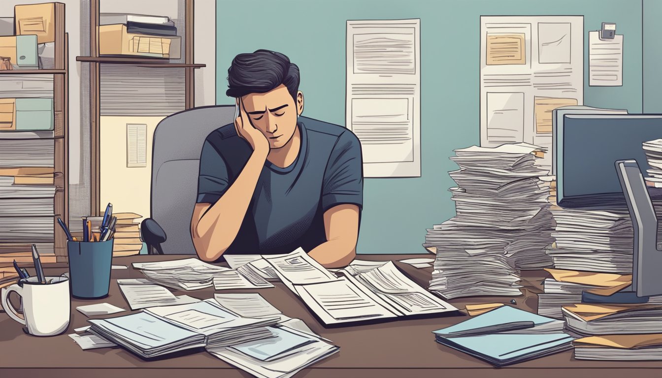 A person sits at a desk, surrounded by bills and documents. They look stressed and worried as they try to understand personal loans for the unemployed