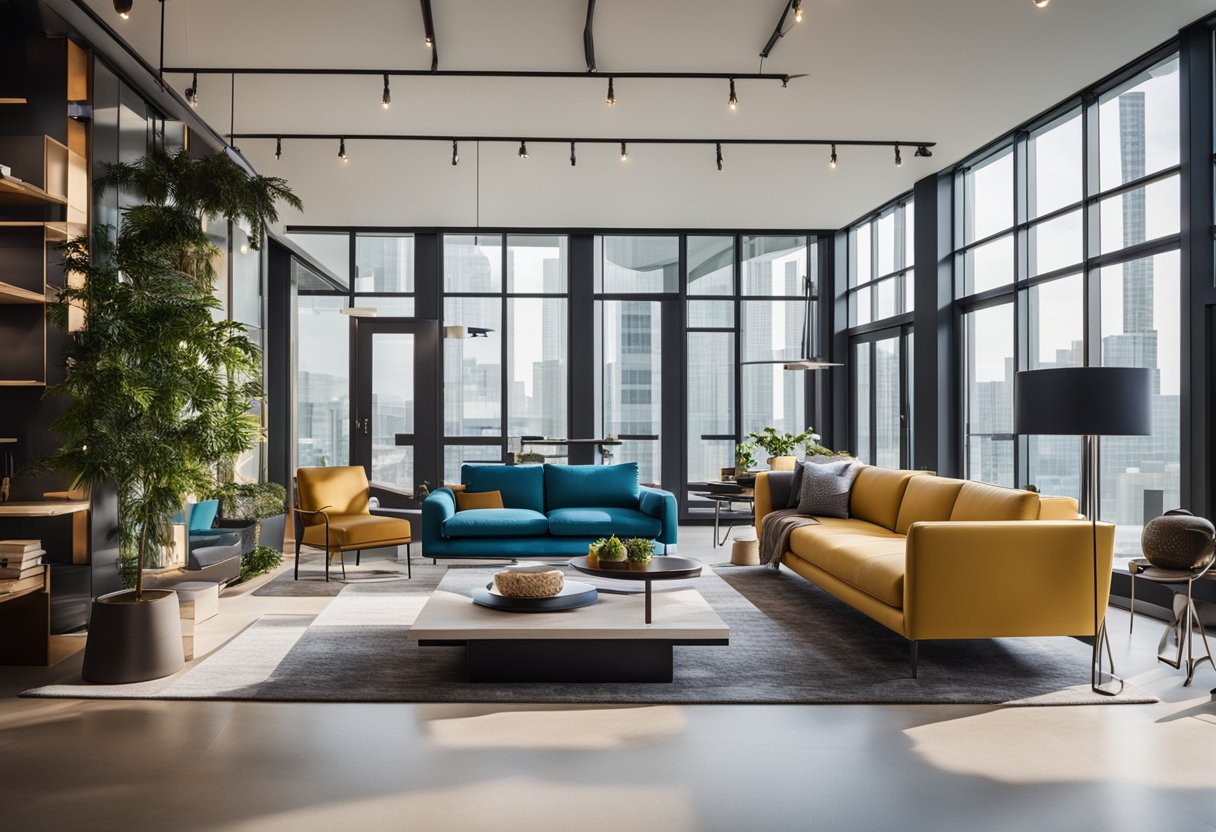Modern furniture, sleek lines, and bold colors fill the open-concept space. Natural light floods in through large windows, illuminating the clean and sophisticated design