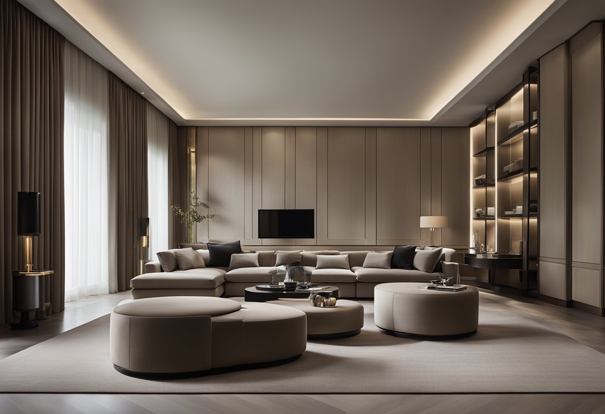 The Giorgio Armani interior design features sleek, modern furniture, muted color palette, and luxurious materials. The space exudes sophistication and elegance