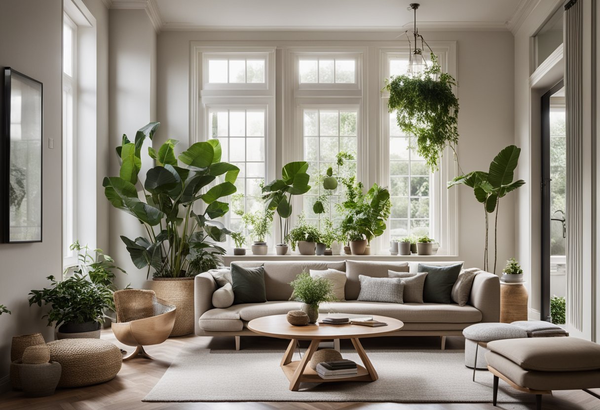 A modern living room with a mix of traditional and contemporary furniture, neutral colors, and natural materials. A large window brings in natural light, and plants add a touch of greenery