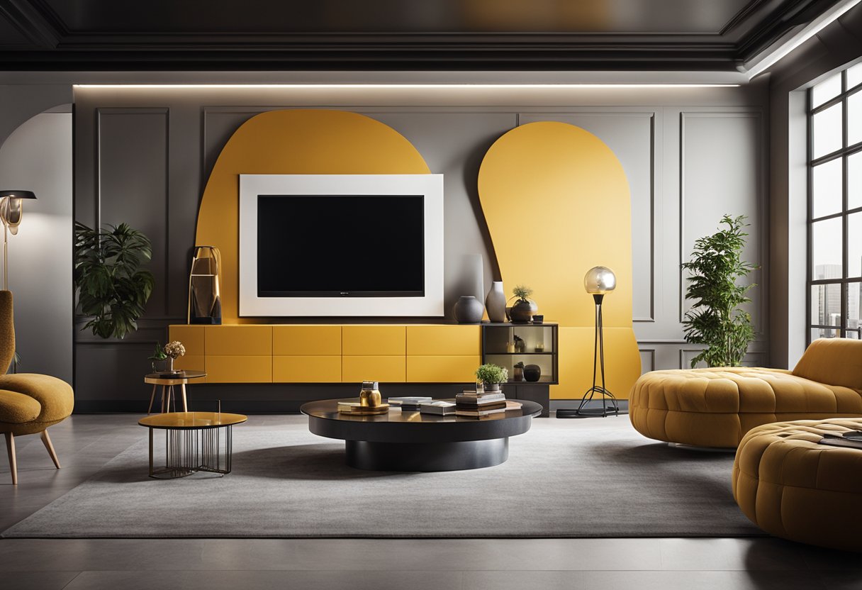 A room with bold colors and contrasting textures, with a focal point such as a statement piece of furniture or artwork. Lighting is strategically placed to highlight the emphasized elements