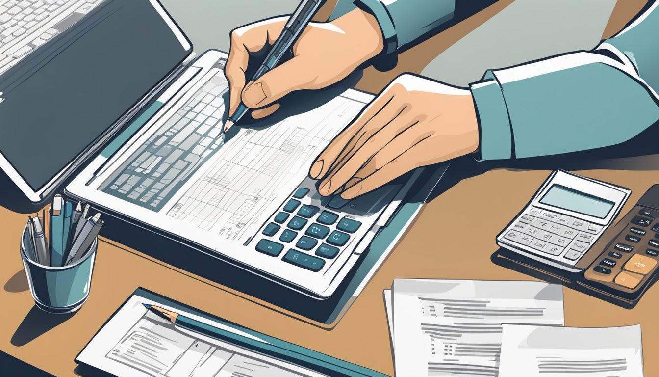A desk with a laptop, calculator, and paperwork. A person's hand holding a pen, filling out loan application forms