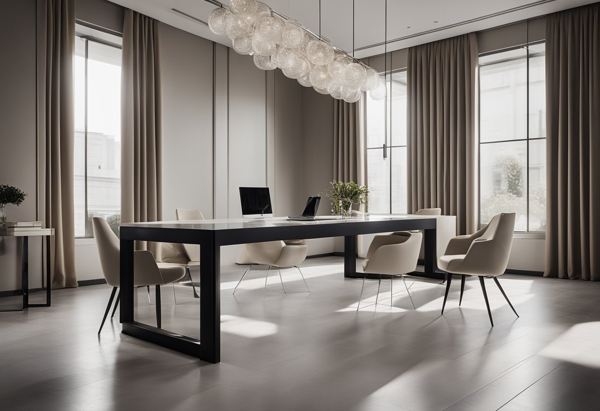 A sleek, minimalist space with neutral tones, clean lines, and luxurious textures. Reflective surfaces, soft lighting, and carefully curated art create a sense of modern elegance