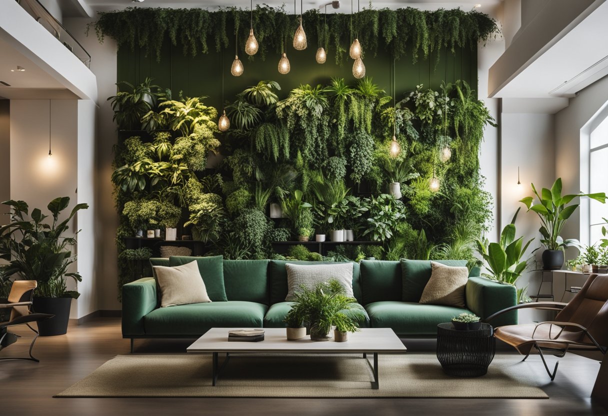 A green wall with hanging plants and modern furniture fills the room with natural ambiance