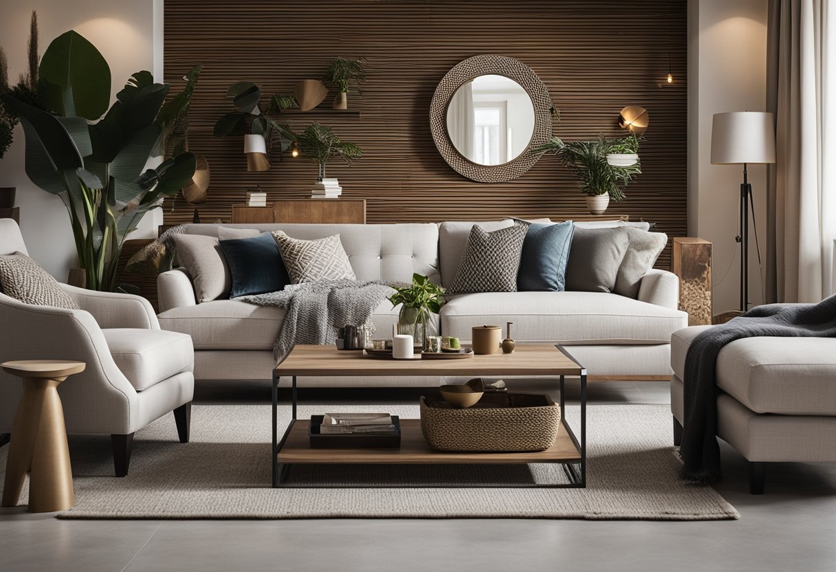 A modern living room with a blend of traditional and contemporary furniture, incorporating elements of nature and a neutral color palette