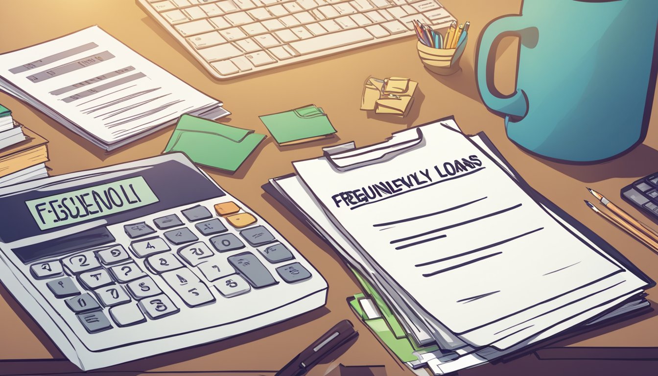 A stack of paperwork labeled "Frequently Asked Questions personal loans for unemployed" sits on a desk, surrounded by a computer, phone, and office supplies