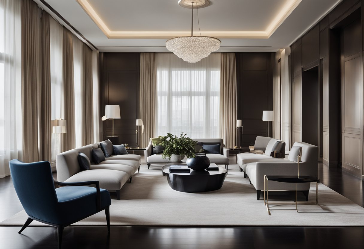A sleek, modern interior with Giorgio Armani's signature style. Clean lines, luxurious materials, and subtle lighting create a sophisticated and impactful space