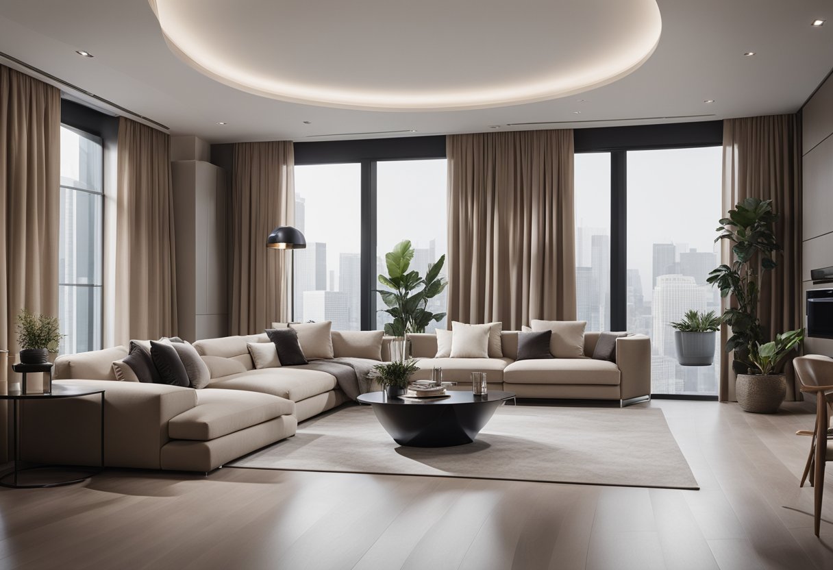 A modern, sleek interior with clean lines and luxurious finishes. Minimalist furniture and a neutral color palette create a sophisticated and elegant atmosphere