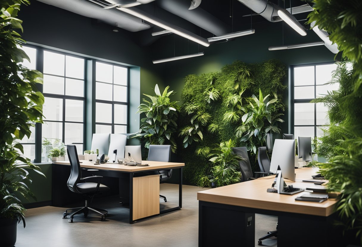 A modern office space with lush green walls and hanging plants, creating a serene and natural atmosphere