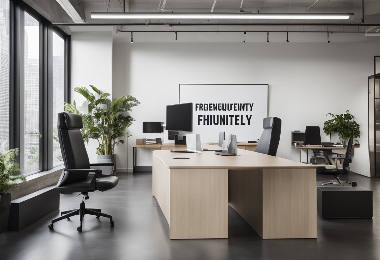 A modern, minimalist office space with sleek furniture, neutral color palette, and clean lines. A large "Frequently Asked Questions" sign hangs on the wall, creating a focal point in the room