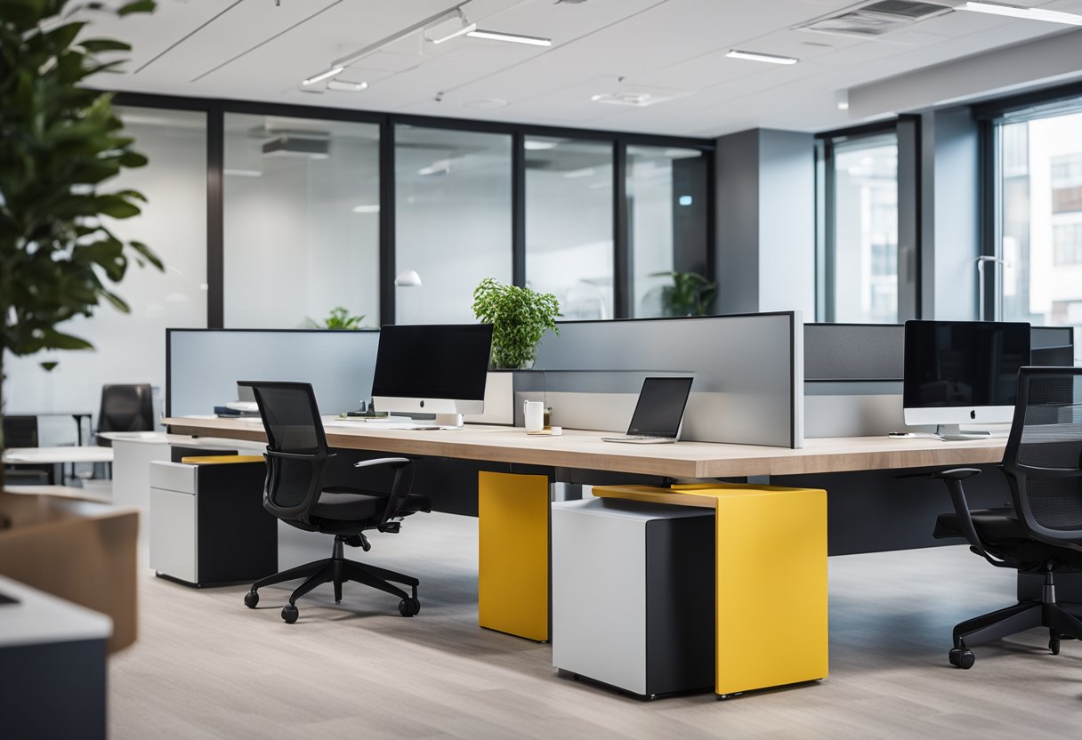 A sleek, open-plan office with minimalist furniture, large windows, and pops of color. Clean lines and a mix of materials create a contemporary feel