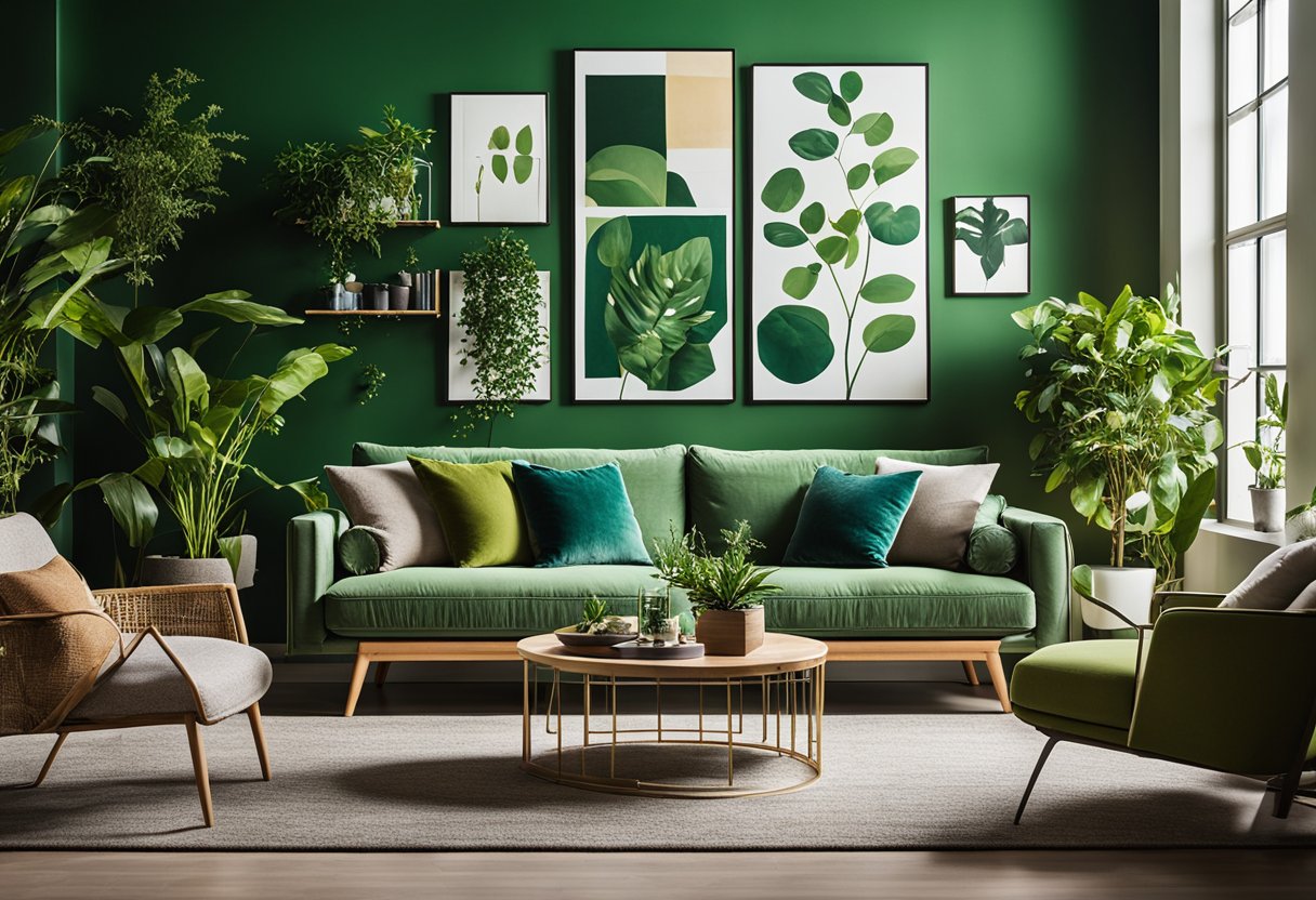 A cozy living room with a vibrant green accent wall, adorned with hanging plants and modern wall art. Natural light filters in through large windows, casting a warm glow on the stylish furniture and decor