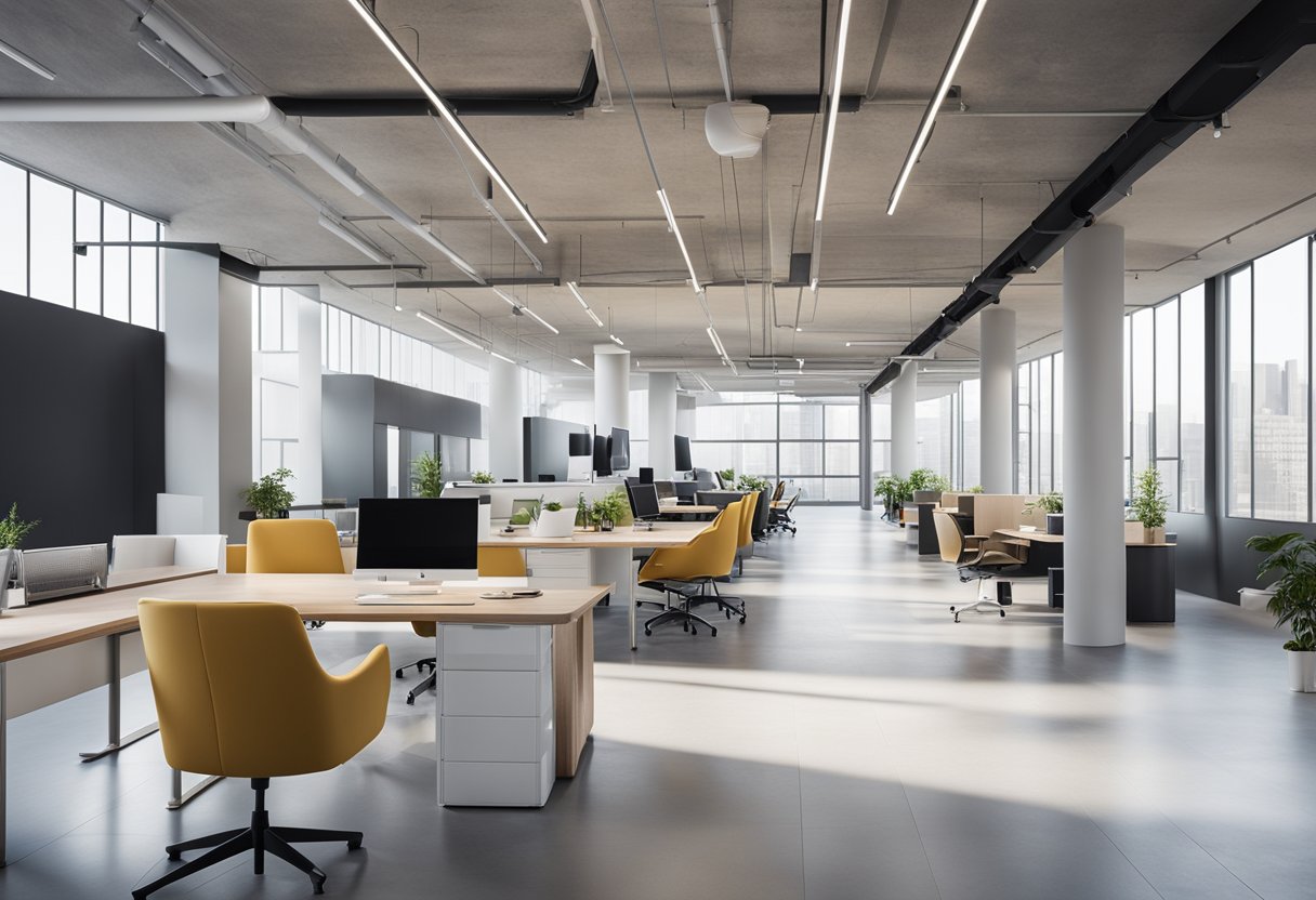 A bright, open office space with sleek, minimalist furniture and plenty of natural light. Collaborative work areas and comfortable seating encourage productivity