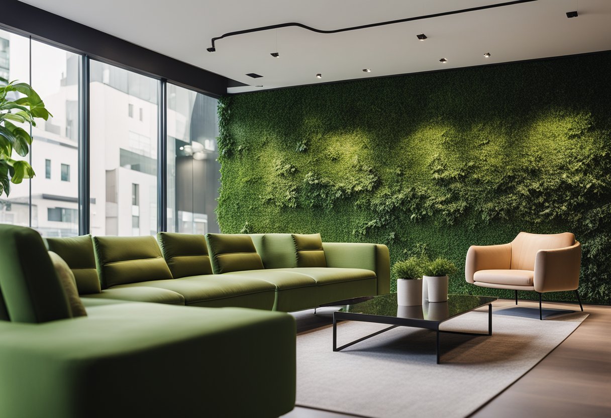 A vibrant green wall stands out in a modern interior, with sleek furniture and natural lighting creating a welcoming atmosphere