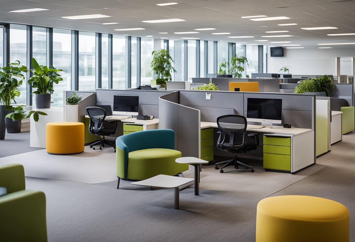 A modern office interior with open floor plan, collaborative workspaces, natural lighting, and vibrant colors. Multiple seating options and ergonomic furniture. Integration of technology and sustainable materials