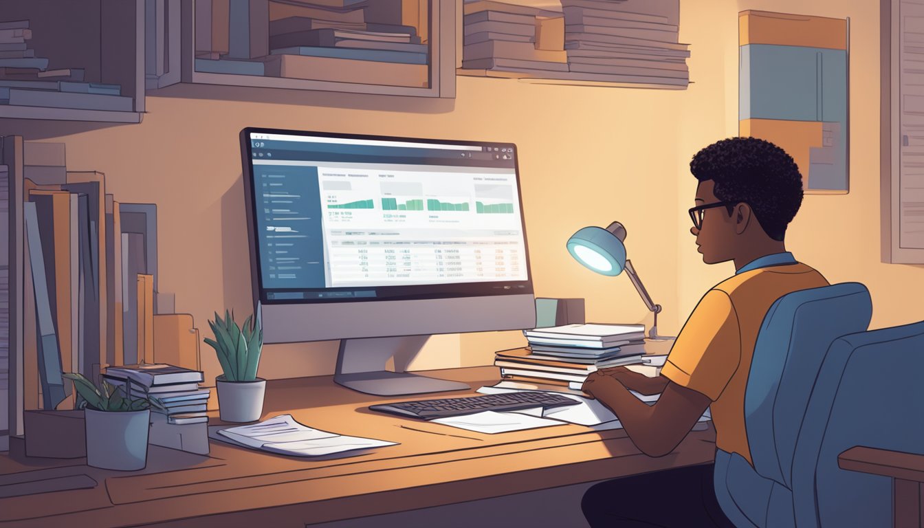 A person with a low credit score sits at a desk, looking at a computer screen while researching personal loans. The room is dimly lit, with a stack of bills nearby