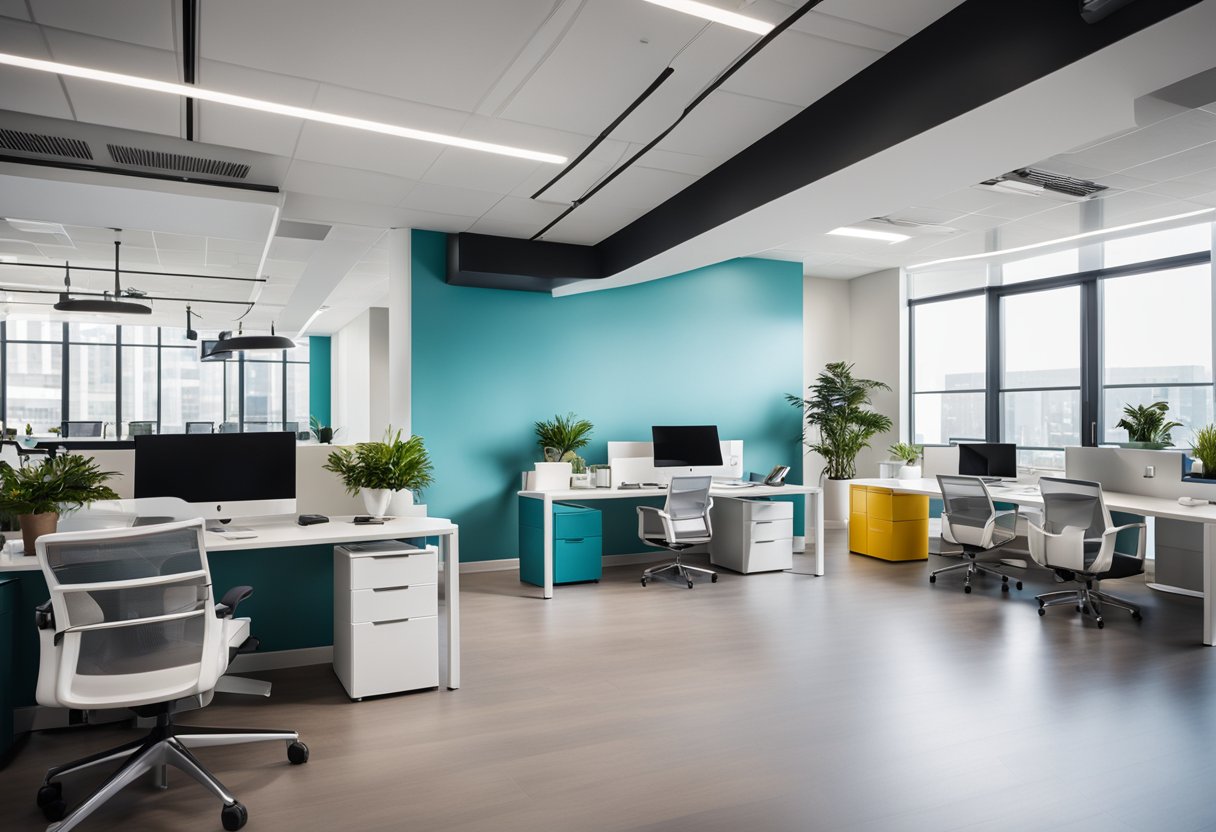A sleek, open-concept office space with vibrant accent walls, ergonomic furniture, and plenty of natural light. Clean lines and modern decor create a professional yet inviting atmosphere
