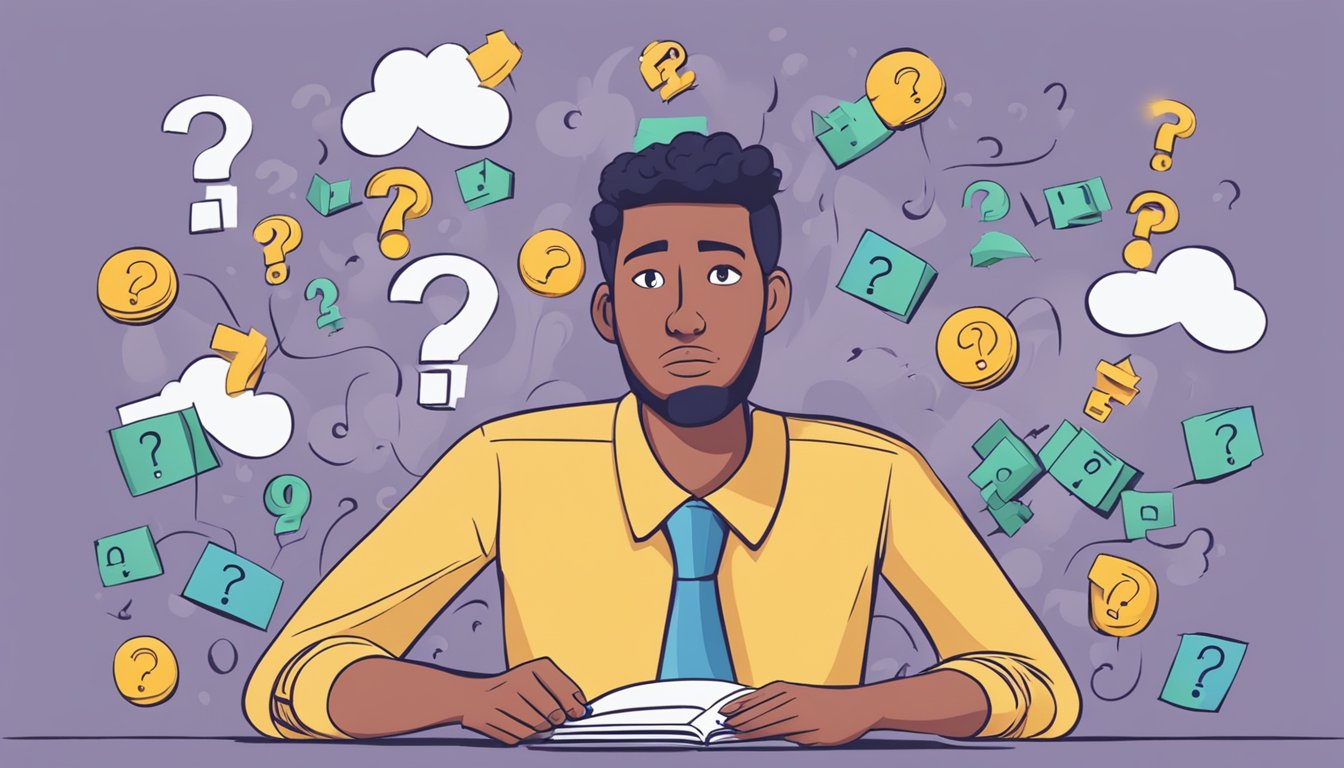 A person with a low credit score seeking a personal loan, surrounded by question marks and a puzzled expression