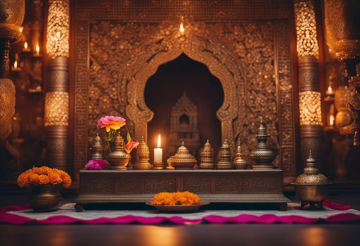A serene pooja room with traditional decor, adorned with flowers, incense, and a lit oil lamp, with a backdrop of intricate wall murals and a small altar for religious rituals