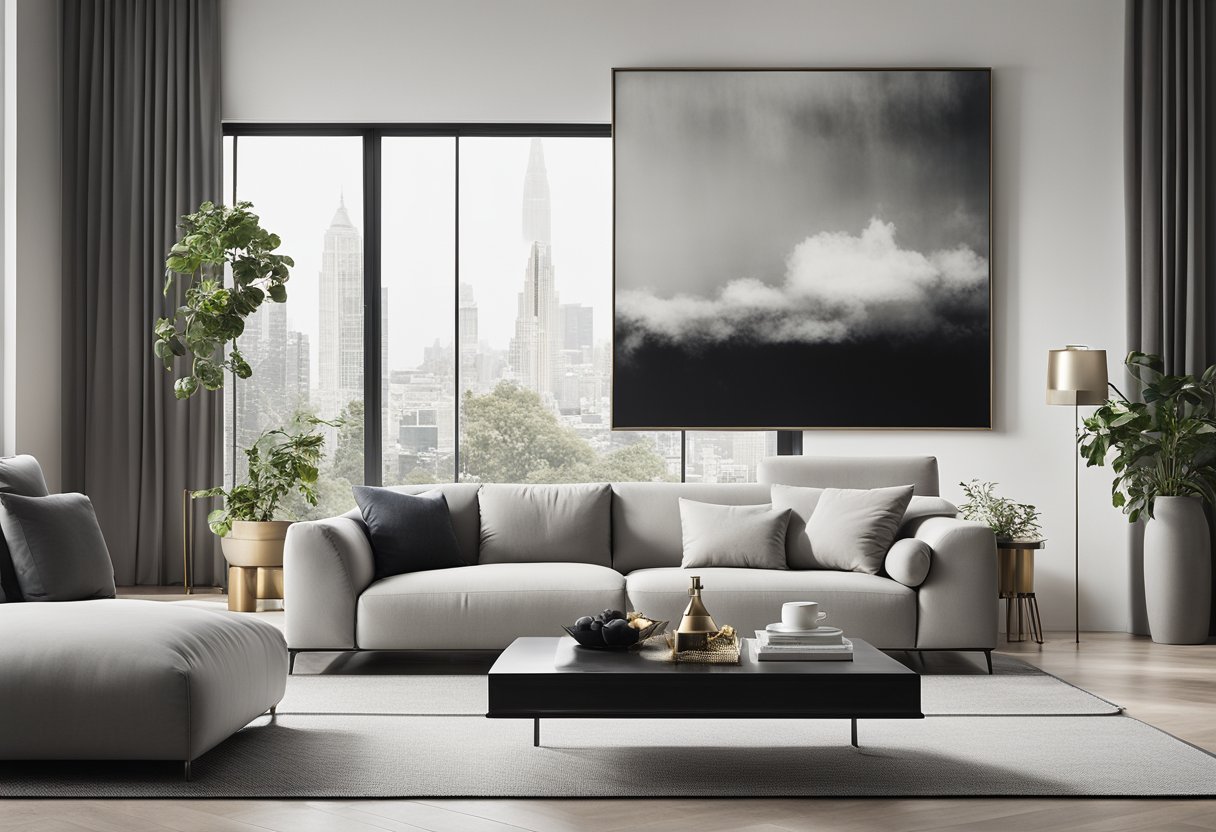 A modern, minimalist living room with a sleek, monochromatic color scheme. A large, abstract art piece hangs above a plush, L-shaped sofa. A floor-to-ceiling window lets in natural light, illuminating the room