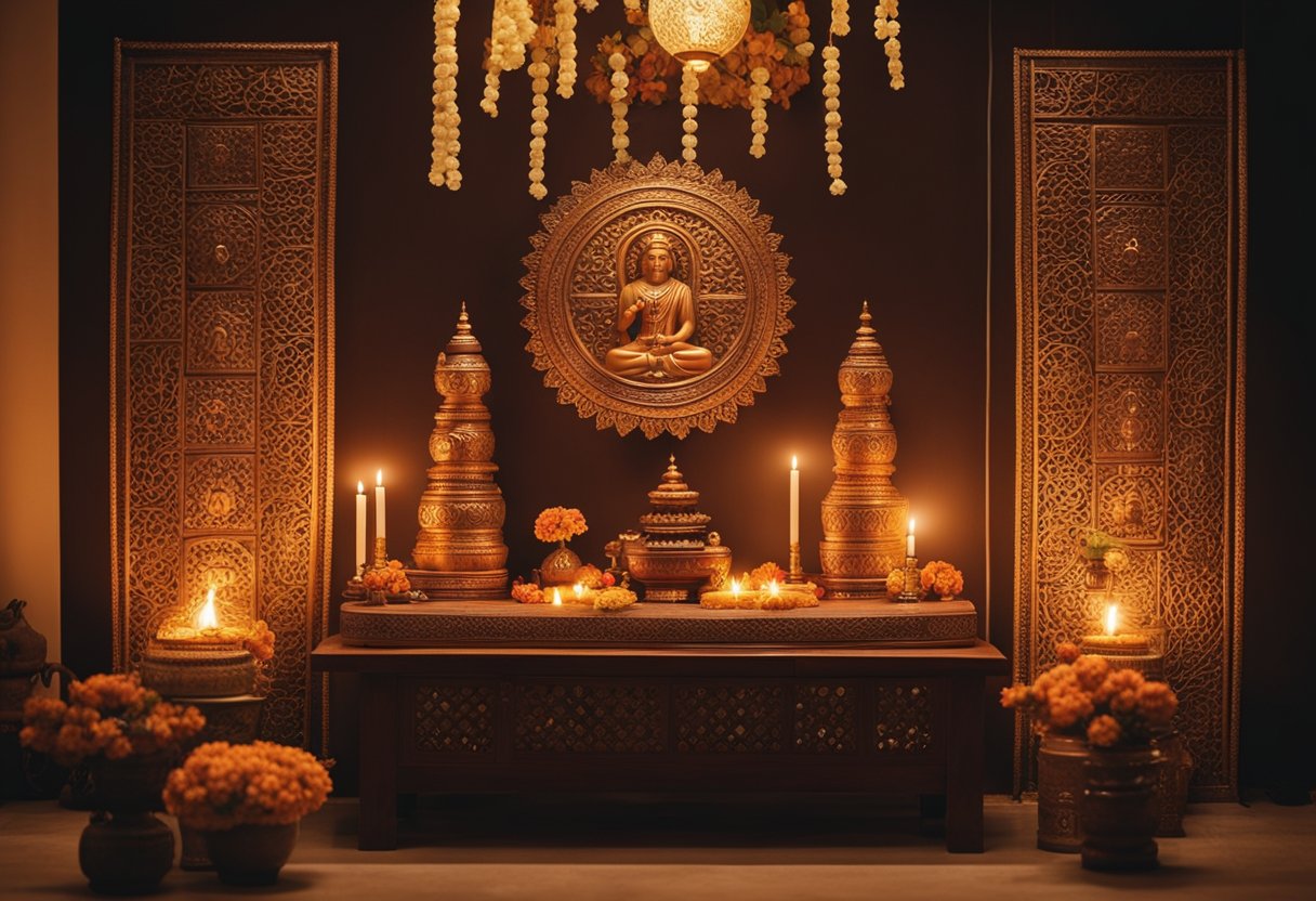 A serene pooja room with a traditional wooden altar, adorned with incense, flowers, and religious idols. The room is bathed in soft, warm light, creating a peaceful and sacred atmosphere