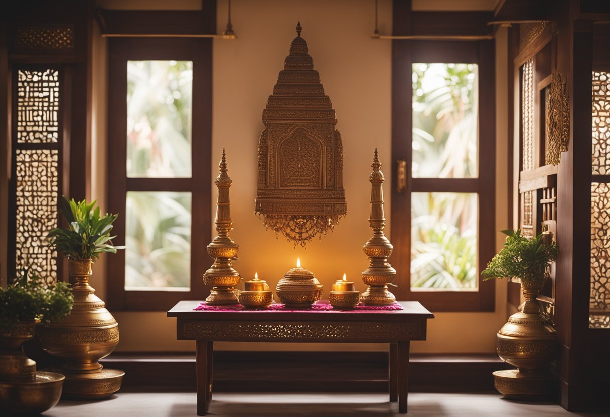 A serene pooja room with traditional elements, like a wooden altar, brass lamps, and floral decorations. A small window lets in soft natural light, creating a peaceful ambiance