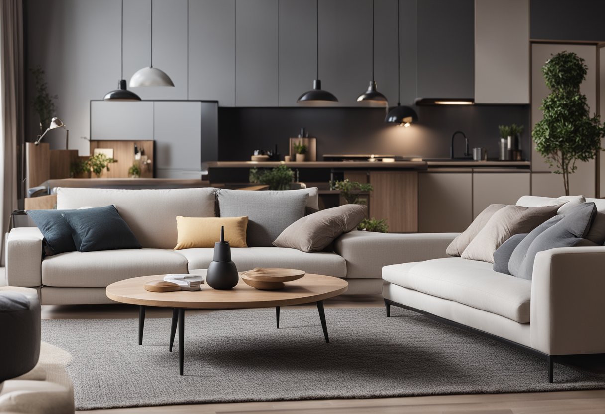 A cozy living room with a modern sofa, a coffee table, and a rug. A minimalist kitchen with sleek appliances and a small dining area. A bedroom with a comfortable bed and a spacious wardrobe
