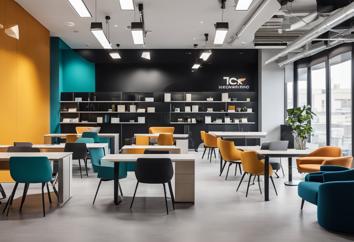 A modern, sleek office space with bold branding, minimalist furniture, and pops of vibrant colors. A large logo prominently displayed on the wall