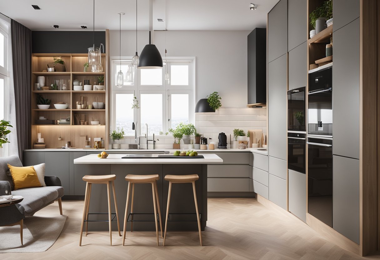 A cozy 60sqm home with clever storage solutions, multifunctional furniture, and bright, airy colors. The living area seamlessly flows into the kitchen, creating an open and spacious feel