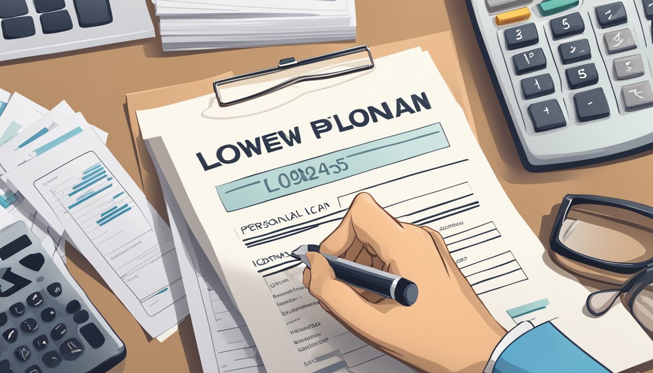 A hand holding a contract with "lowest personal loan" written on it, surrounded by financial documents and a calculator