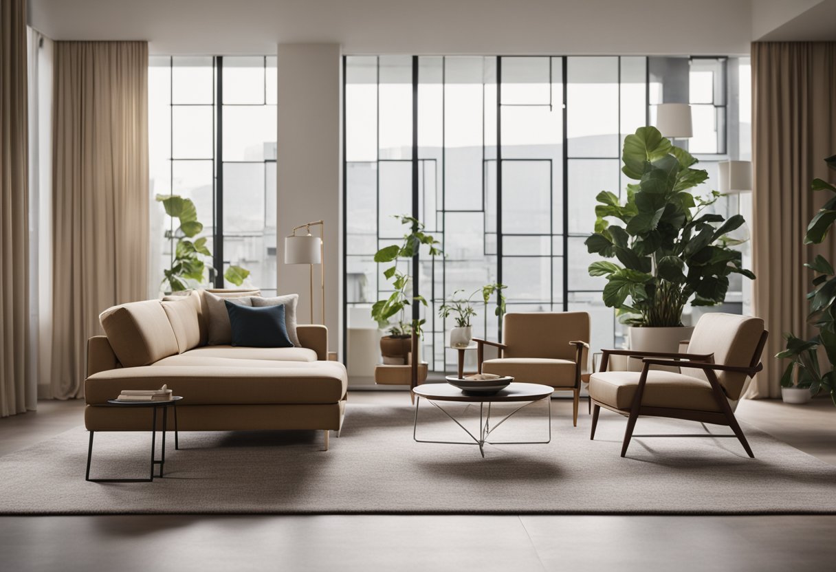 A modern living room with clean lines, minimalistic furniture, and neutral colors. A mid-century modern chair sits in the corner, while a geometric rug ties the room together