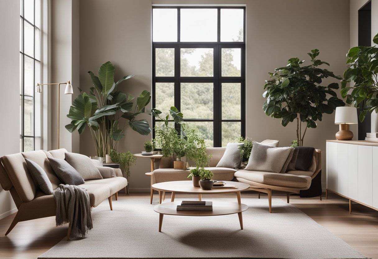 A modern living room with clean lines, neutral colors, and minimalistic furniture. A large window lets in natural light, and potted plants add a touch of greenery