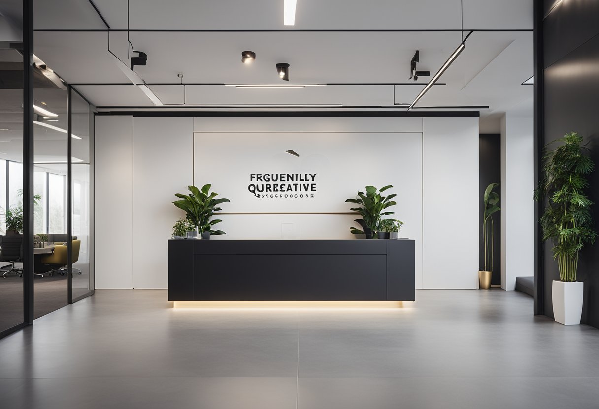 A modern, minimalist office space with a sleek logo on the wall and a stylish reception area with a sign that reads "Frequently Asked Questions creative name for interior design company"