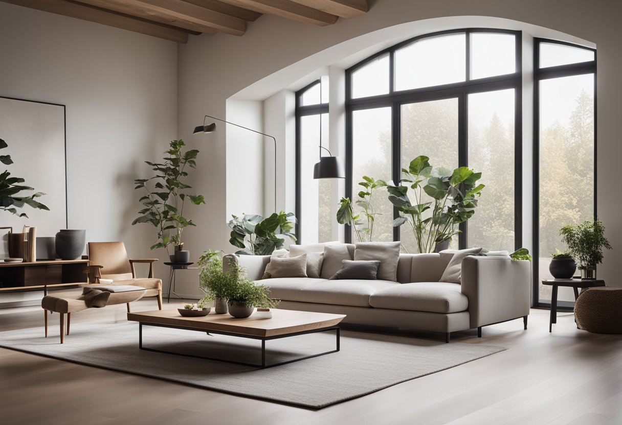 A modern living room with a minimalist aesthetic, featuring clean lines, neutral colors, and natural materials like wood and stone. A large window allows natural light to fill the space, creating a warm and inviting atmosphere