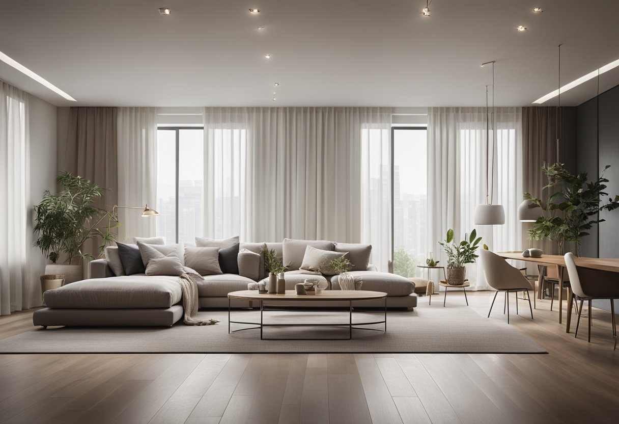 A room with modern furniture, clean lines, and minimalistic decor. Neutral colors and natural materials create a cohesive and serene atmosphere