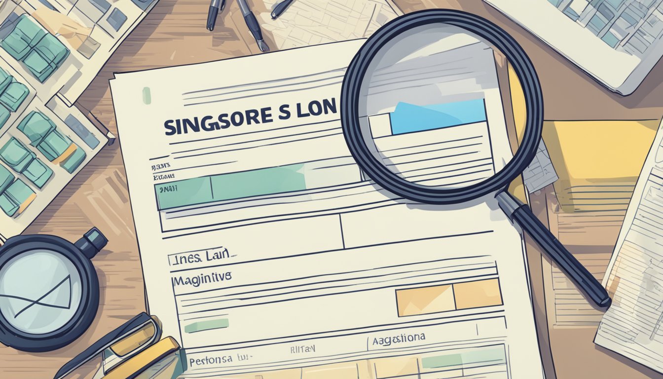 A stack of FAQ sheets with "Lowest Personal Loan Singapore" prominently displayed, surrounded by question marks and a magnifying glass