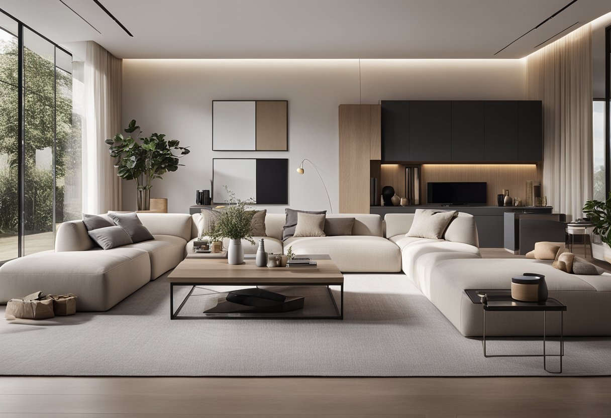A modern living room with minimalist furniture, neutral color palette, and natural lighting. Geometric shapes and clean lines create a sense of simplicity and sophistication