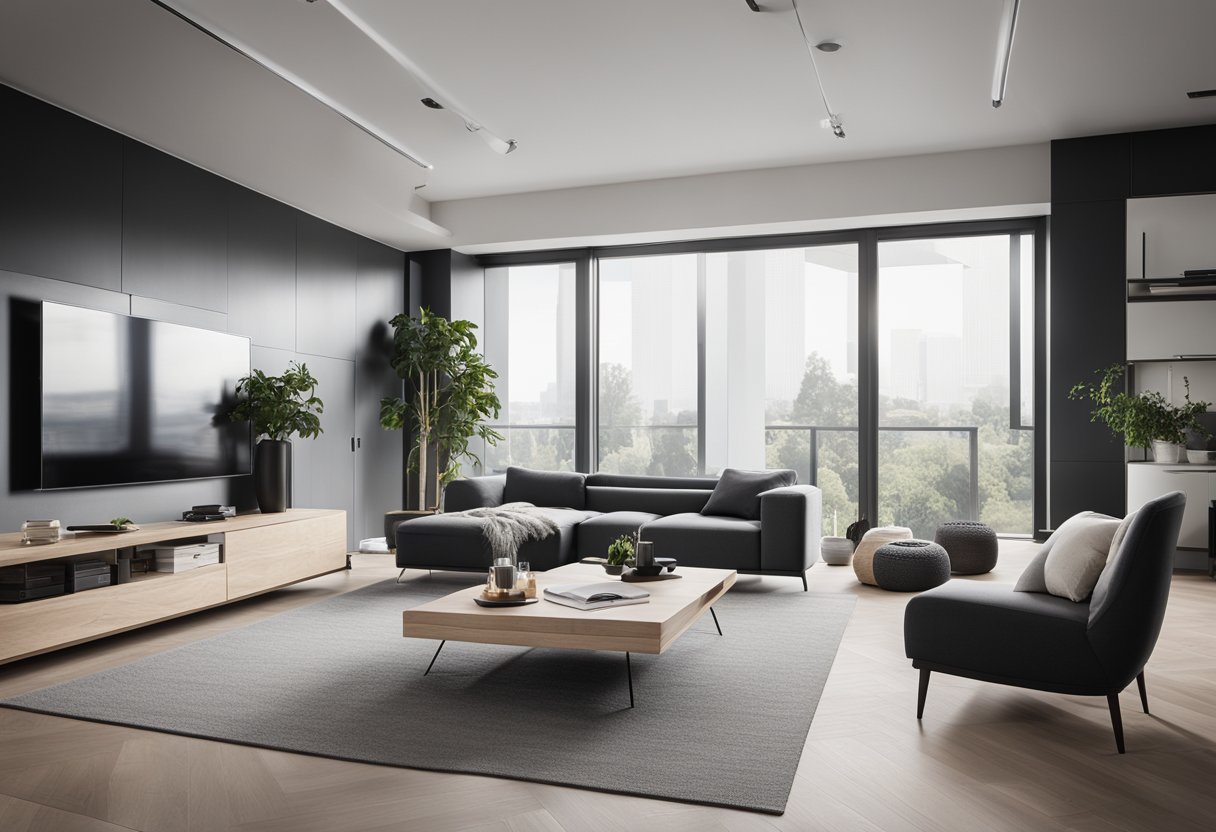 A modern, minimalist living room with a sleek, monochromatic color scheme and large windows letting in natural light
