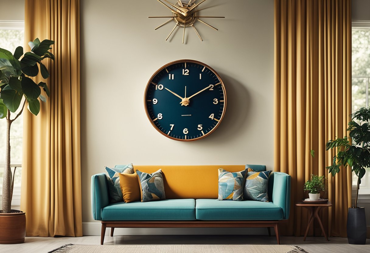A mid-century living room with a sleek sofa, geometric patterns, and a bold color palette. A sunburst clock and teak furniture complete the retro look